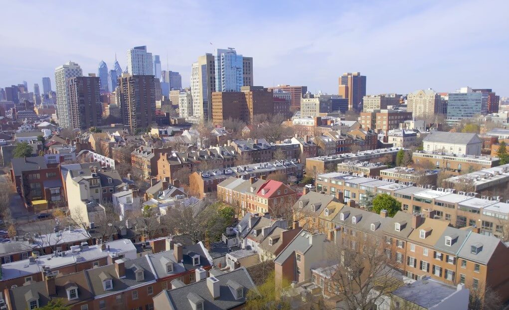 A bird's-eye view of a dense urban landscape in Society Hill