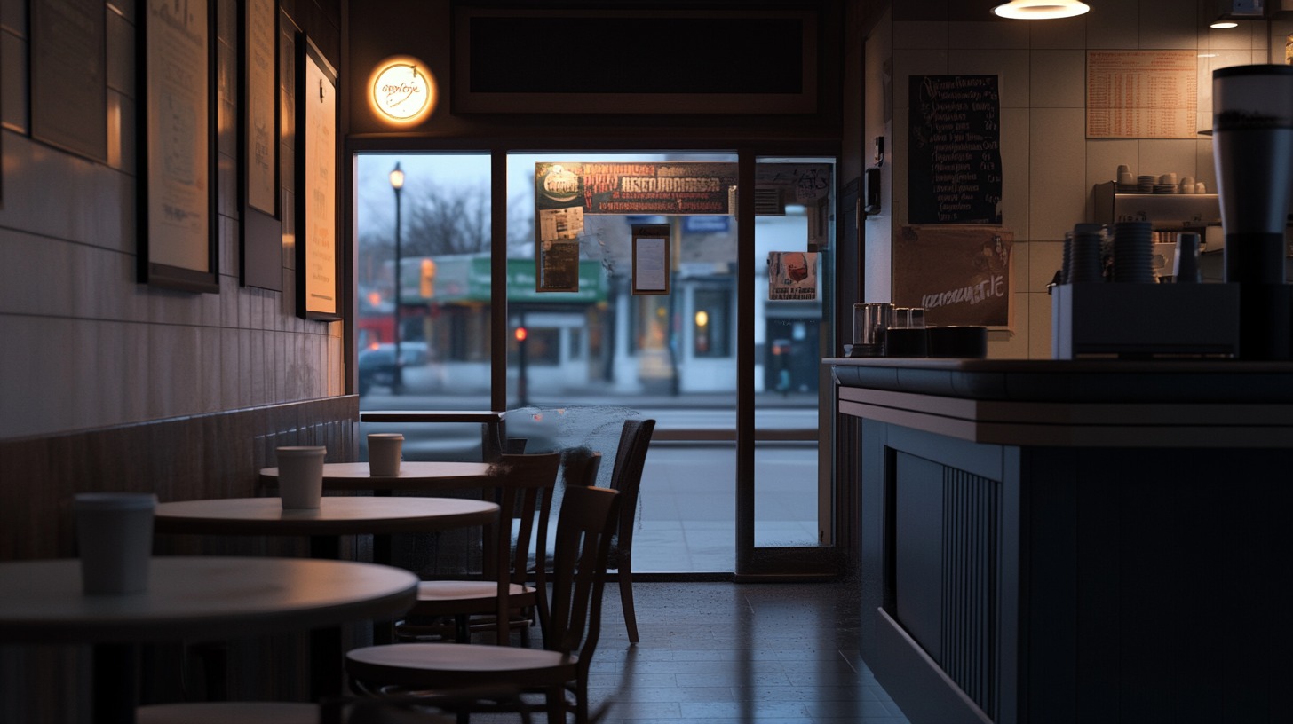 A dimly lit café with empty chairs, reflecting the changing dynamics of Seattle's Coffee Culture