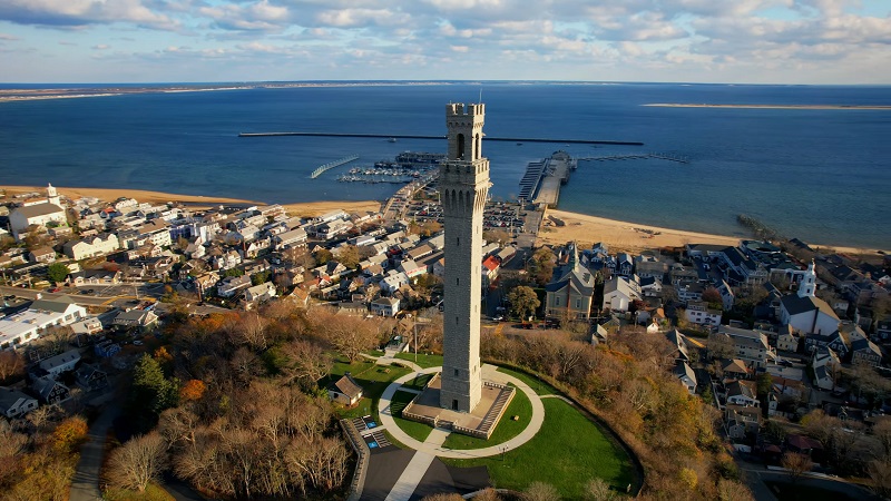 Aerial view of Pilgrim Monument in Provincetown on Cape Cod