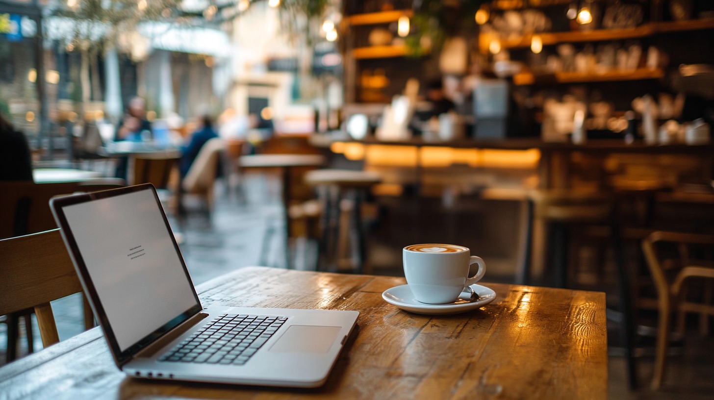 A coffee shop with a laptop and a cappuccino