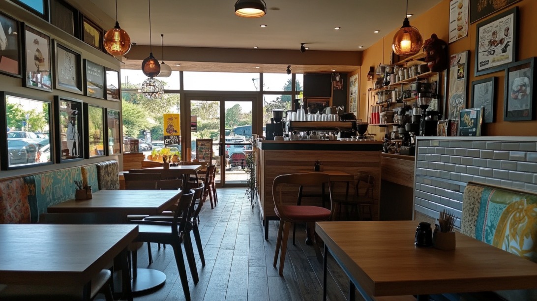 Interior of a modern café with wooden tables, wall art, a coffee counter, and natural light streaming through large windows