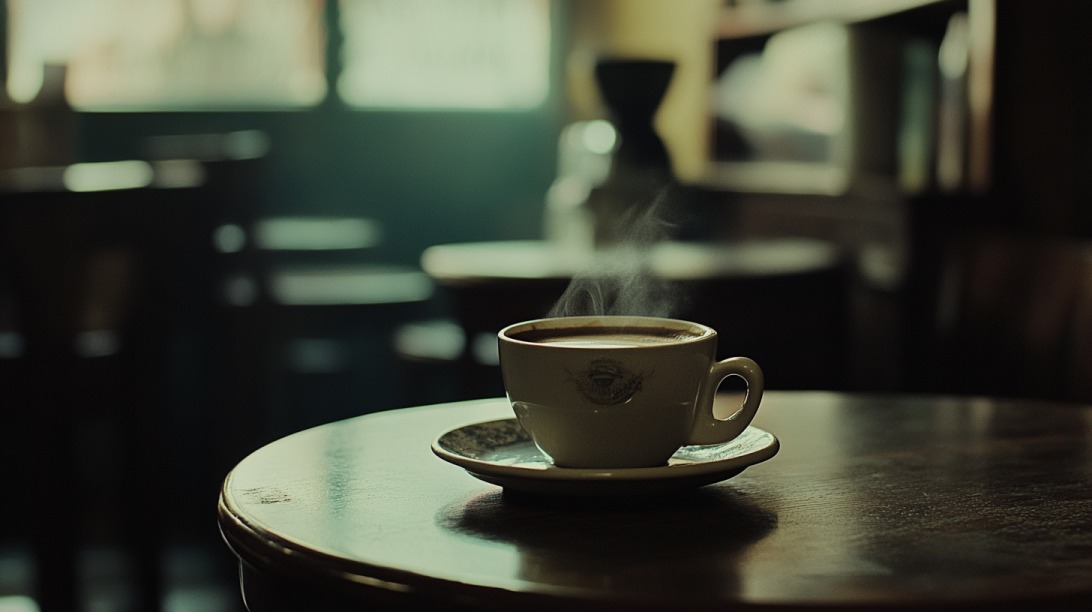 A steaming cup of coffee on a small round wooden table inside a dimly lit, rustic coffee shop