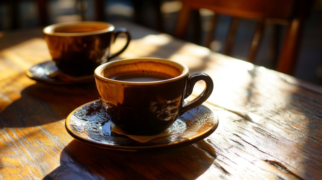 Two ceramic coffee cups on saucers placed on a sunlit wooden café table, creating a cozy, warm ambiance