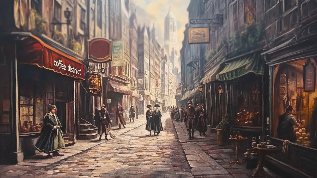 Vintage painting of a bustling old Manhattan street with signs for "coffee district" and people dressed in historical attire