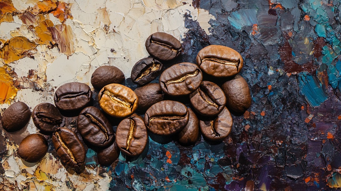 Close-up of roasted coffee beans arranged on a colorful textured background of mixed paint strokes